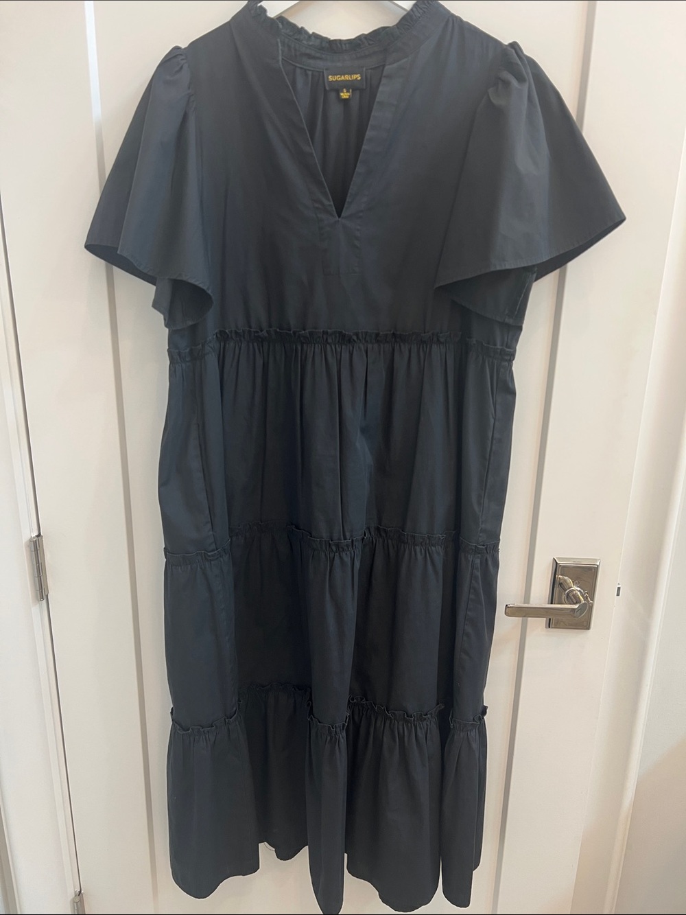 Sugarlips Black Tiered V-Neck Midi Dress with Flutter Sleeves